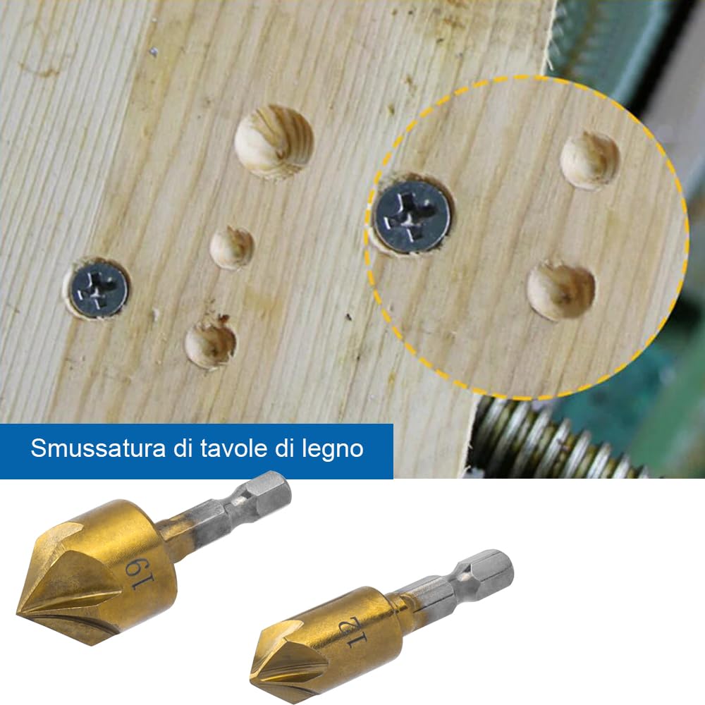 6 Pezzi 82° Svasatore Conico in HSS Titanio Rivestito, Svasatore Conico in HSS Titanio Rivestito con Codolo Esagonale con Alesatore per Fori 6-19 mm
