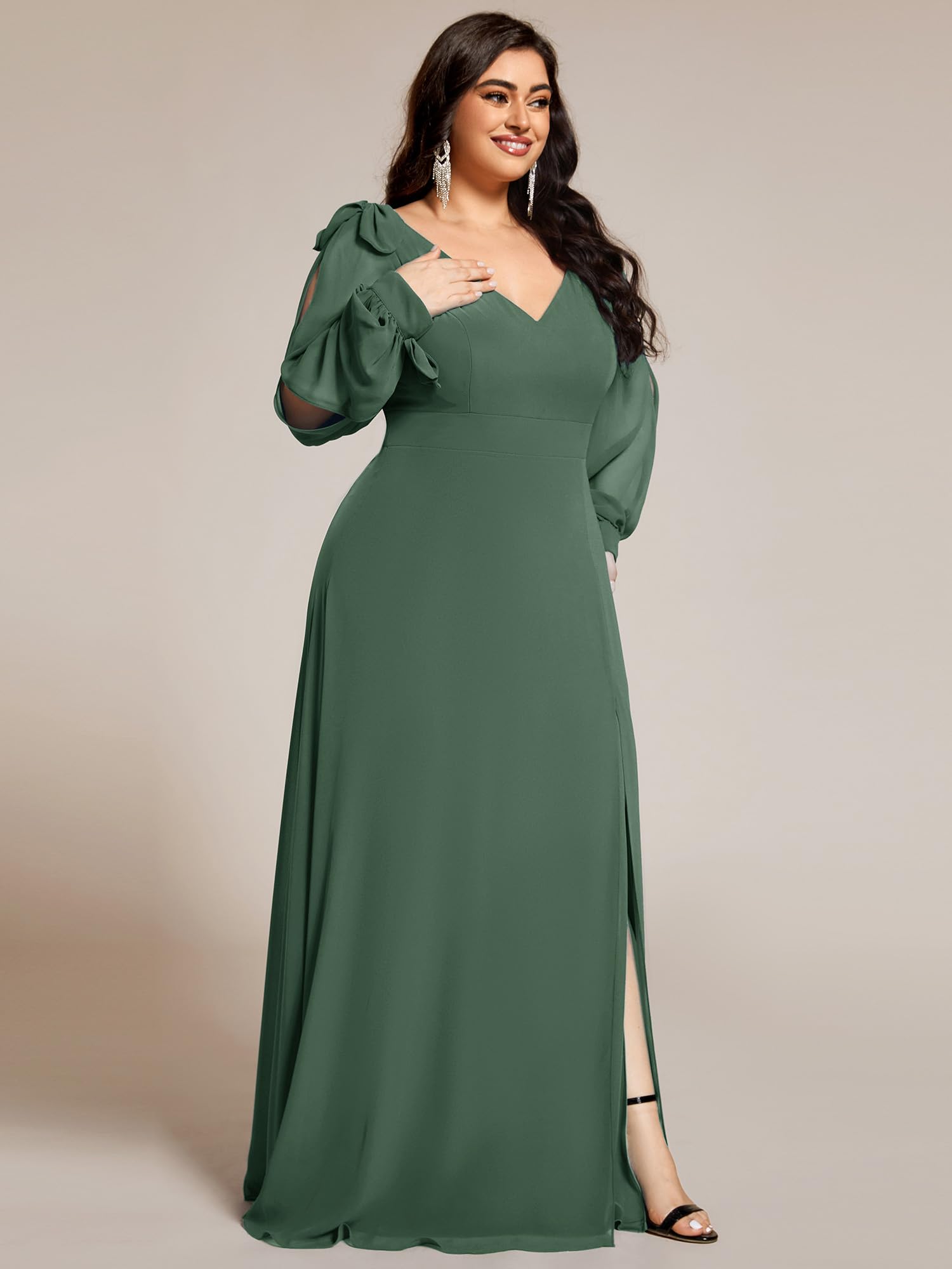 Ever-Pretty Abito formale da donna con scollo a V, elegante, in chiffon, a maniche lunghe, taglie forti, 80116-DA, Eucalipto, 56