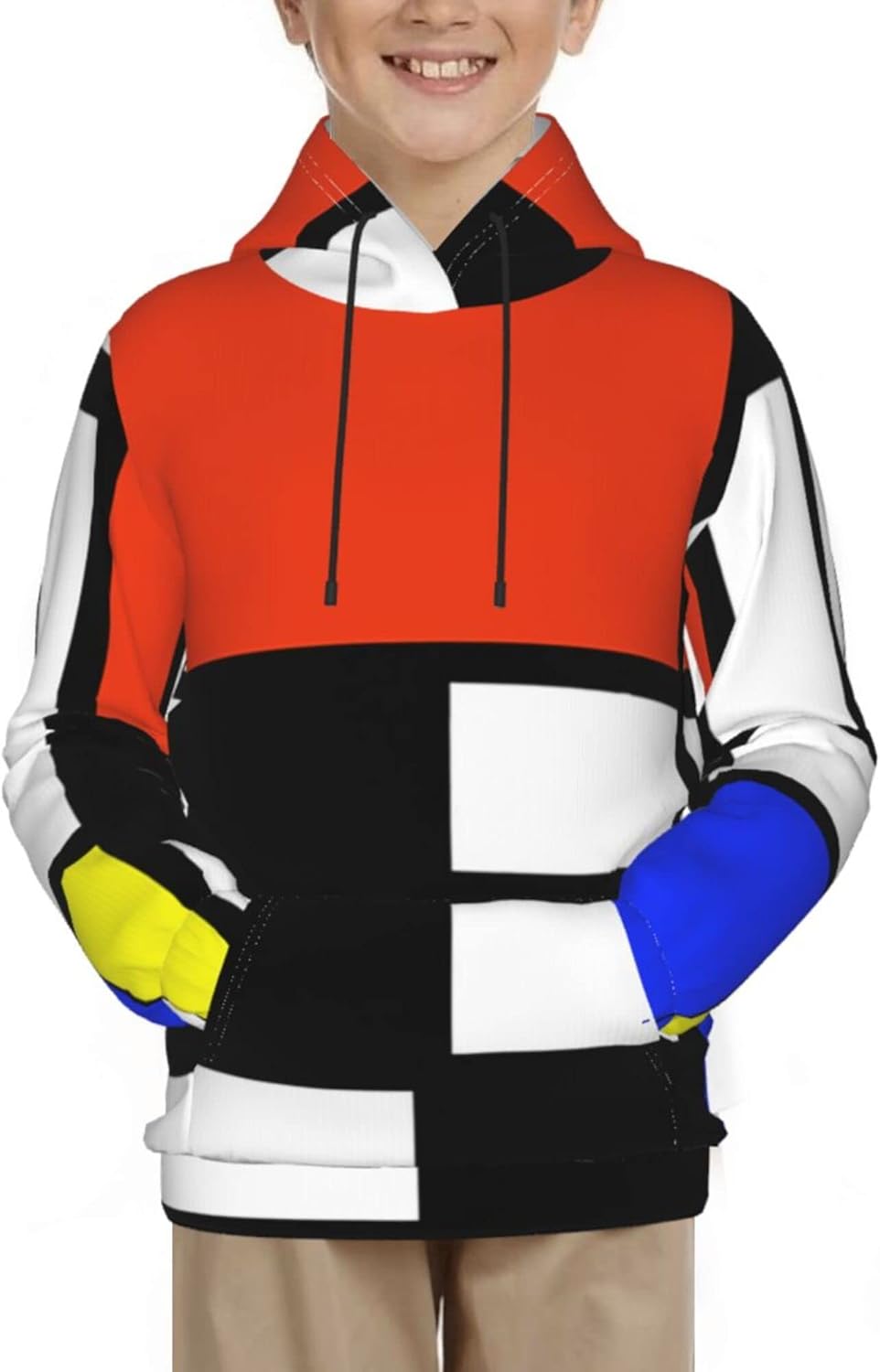 パーカー 子供 スウェットシャツ モンドリアン 抽象画 赤黄青 フード付き 上着 青少年 長袖tシャツ プルオーバー キッズ トレーナー トップス 部屋着 ポケット付き ティーンエイジャー 男の子 女の子 カジュアル ユース ジュニア ボーイズ Notes