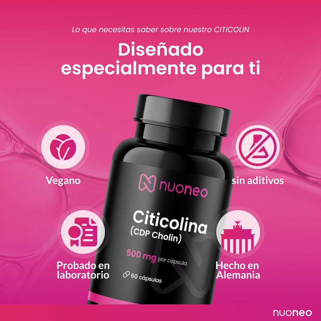 Citicolina CDP Colina 60 cápsulas de 500mg, alta biodisponibilidad, sin aditivos, completa 500 mg citicolina/CDP colina por cápsula de nuoneo
