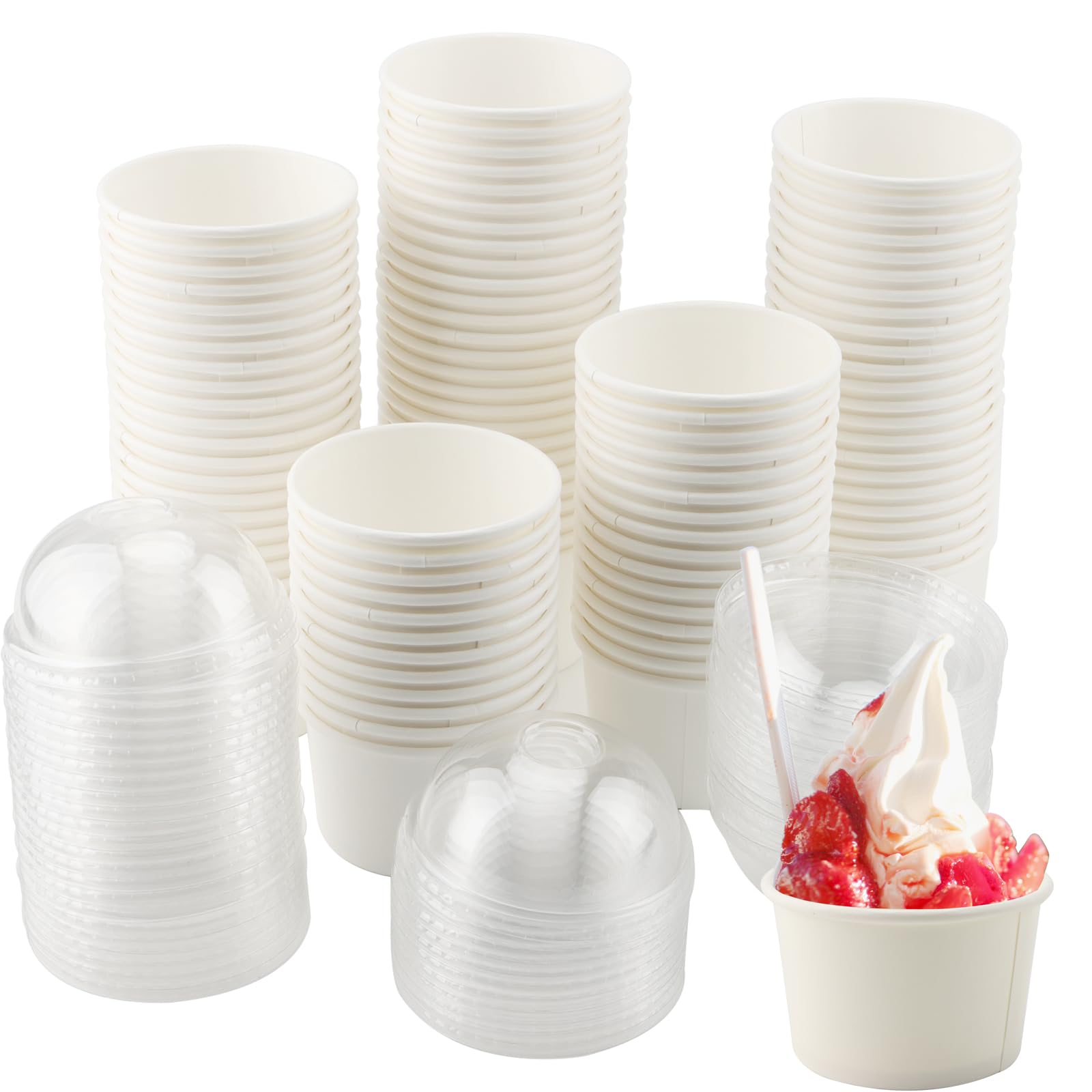 100 bicchieri di carta usa e getta da 200 ml, da dessert con coperchio a cupola, contenitori per gelato da asporto, per zuppe, gelati, yogurt surgelato