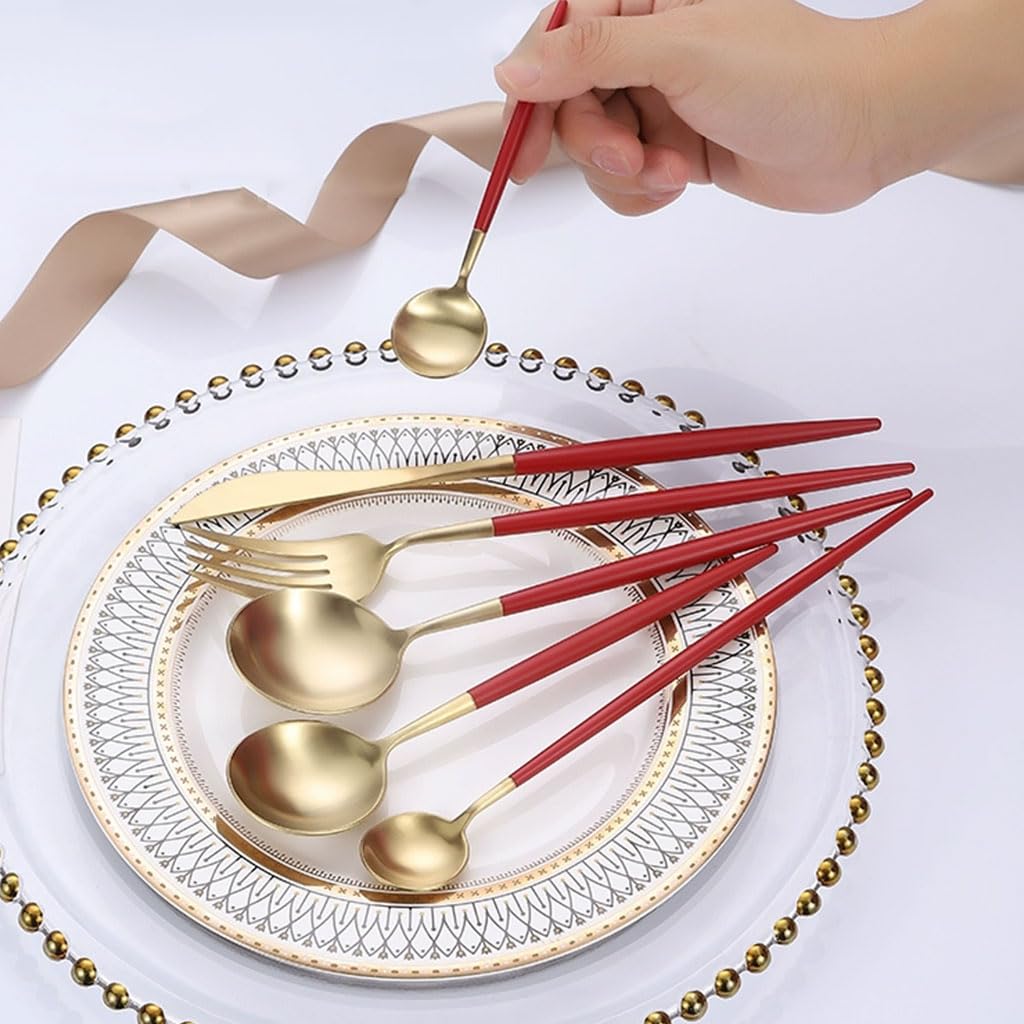Exquis Ensemble d'argenterie, Couteau, Fourchette et cuillère, Ensemble de Couverts en Acier Inoxydable, Couverts Occidentaux de Cuisine Domestique polis Miroir (Rouge) portatif