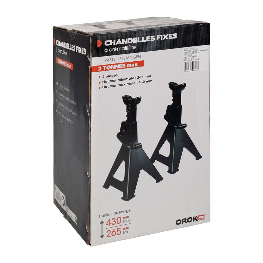 OROK - Chandelles à crémaillère, chandelle Fixes à crémaillère - 2 pièces - Capacité maximale: 2 tonnes - avec Pieds Larges pour Une Meilleure stabilité - Hauteur Mini: 256 mm - Hauteur Maxi: 411 mm