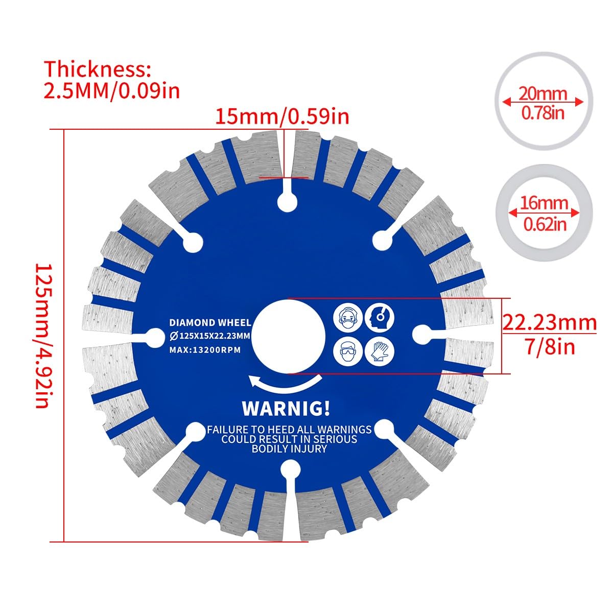 LYVQZPWLRDiamentowa płyta cięcia, 125mm 5-calowy diamentowy dysk tnący segmentowy do piły tarczowej
