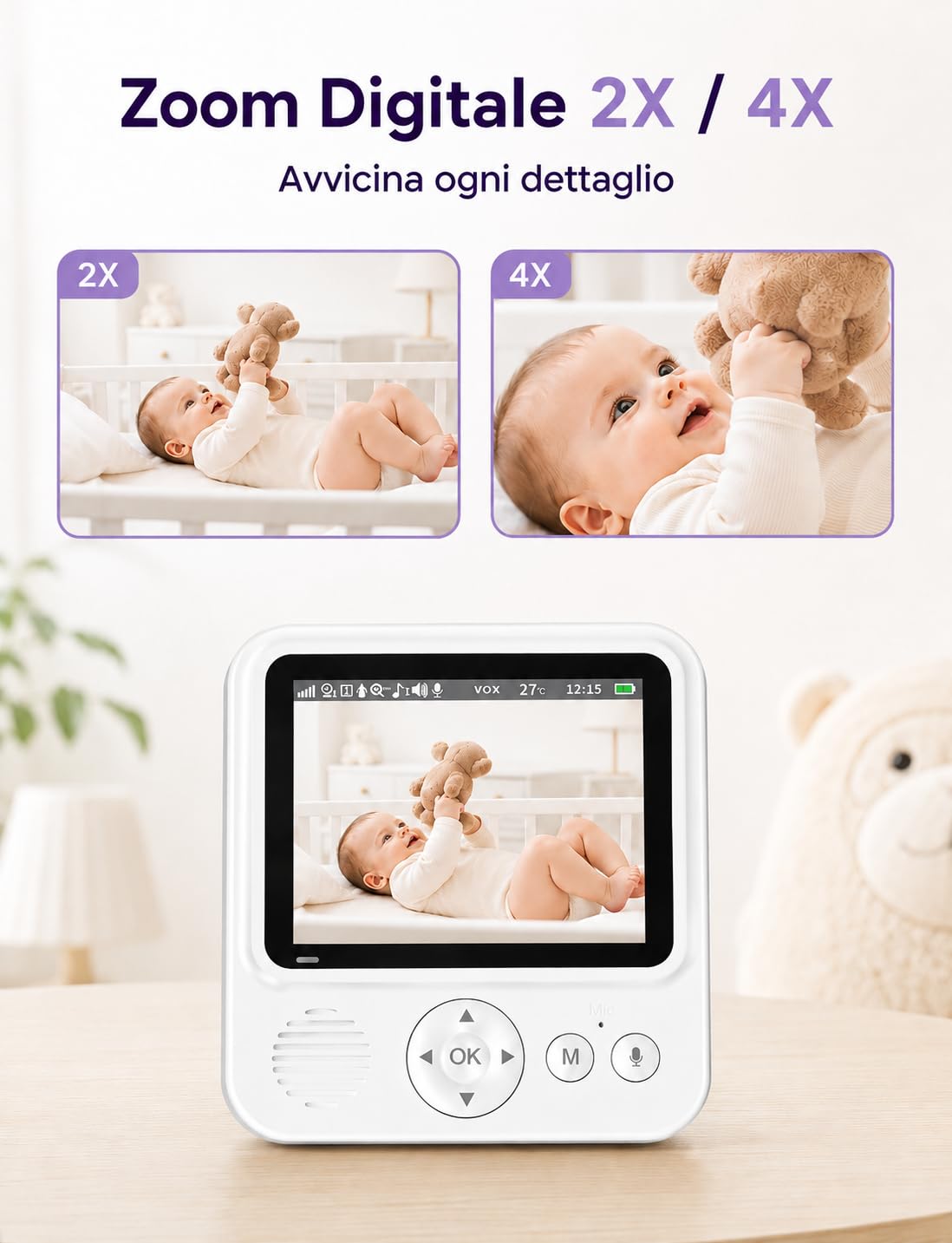 BURNNOVE Baby Monitor con Telecamera, 2000mAh Schermo IPS 2.8" 720P, Visione Notturna, Zoom, Audio Bidirezionale, Modalità VOX, Sensore Temperatura, Ninne Nanne, Connessione FHSS 2.4GHz