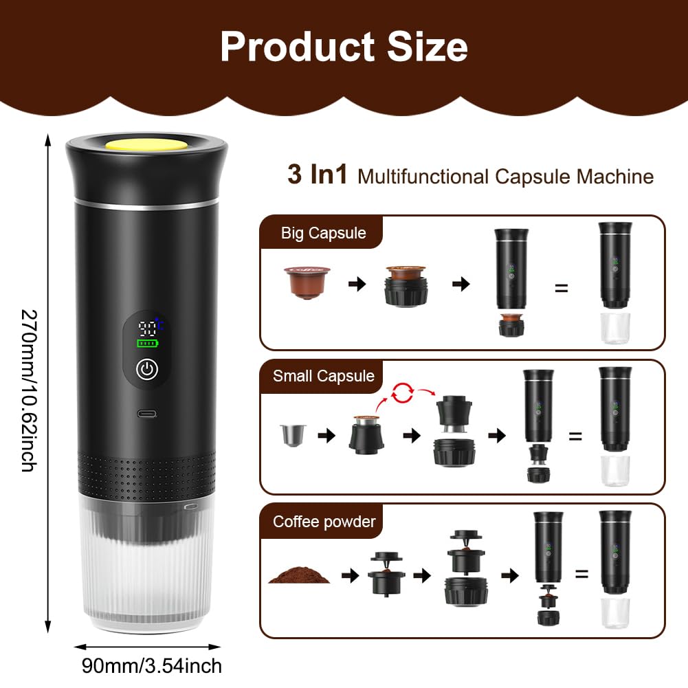 Macchina per caffè espresso portatile 3 in 1 Mini macchina da caffè da viaggio 20 Bar con USB-C, macchina da caffè da campeggio, autoriscaldante, compatibile con caffè macinato e capsule per