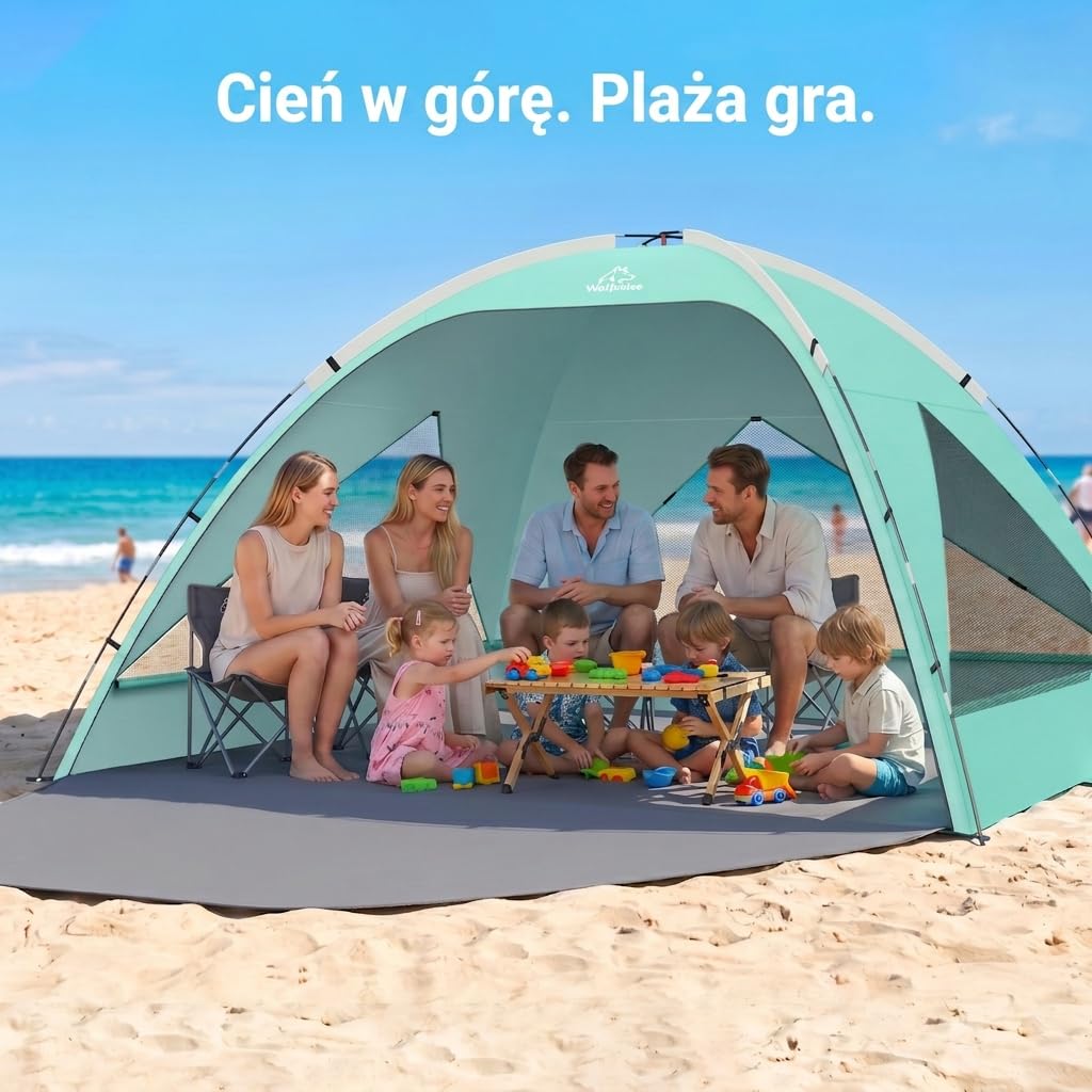 Wolfwise Namiot Plażowy UPF 50+ dla Rodziny, Osłona Przeciwsłoneczna z Filtrem UV, 3 Wentylowane Okna, Rozkładana Podłoga i Torba Transportowa, Pojemność 8 Osoby, Miętowy