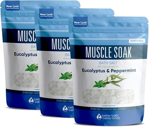 Muscle Bath Salt (paquete de 3 con cuchara) para baño muscular con aceites esenciales puros en bolsa sin BPA con sello de cierre a presión,