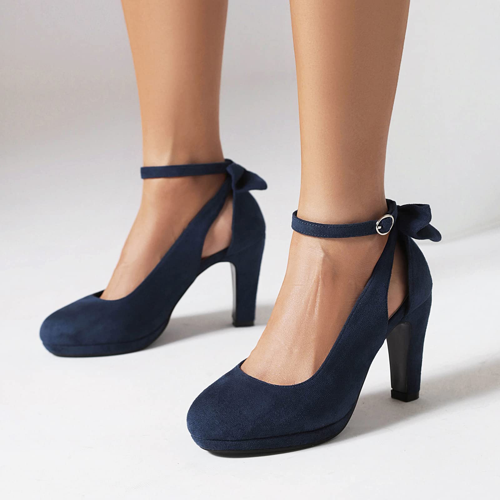elerhythm Donne Mary Jane Tacchi con Arco Retro Chiuso Punta Rotonda Scamosciata Cinturino alla Caviglia Pumps Gatsby Vintage Scarpe (Blue EU37)