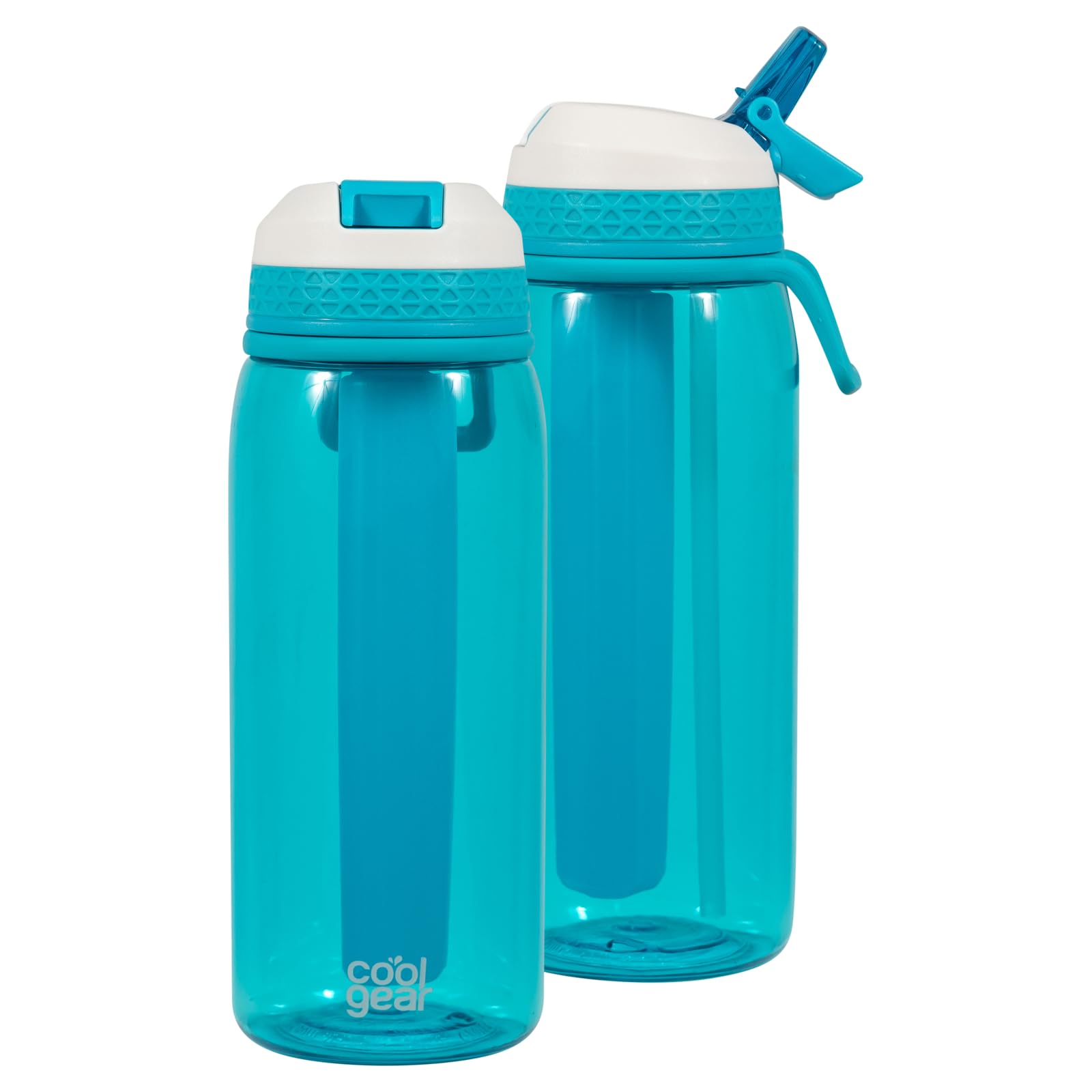 COOL GEAR 2-Pack 32 oz System Sipper Water Bottle With Tritan Plastic, Flexible Handle, & Freezer Stick | Shatter Resistant Water Jug To Keep Drinks Cool