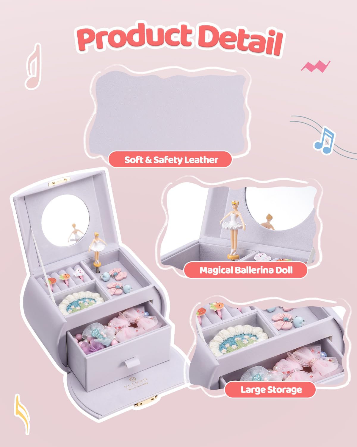 VLANDO Joyero para niñas con cajón, caja de música con bailarina y calcomanías para decoración de dormitorio, regalos para niñas y niños (morado niebla)