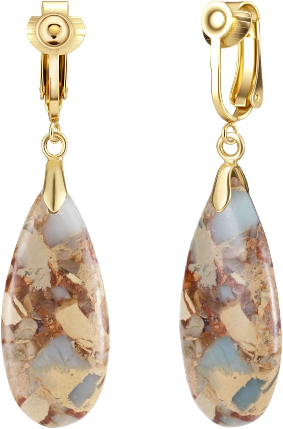 XGALBLA Boho Long Teardrop Stone Clip on Earrings for Women Natural Healing Stone Statement Earrings Non Pierced Gold Tone