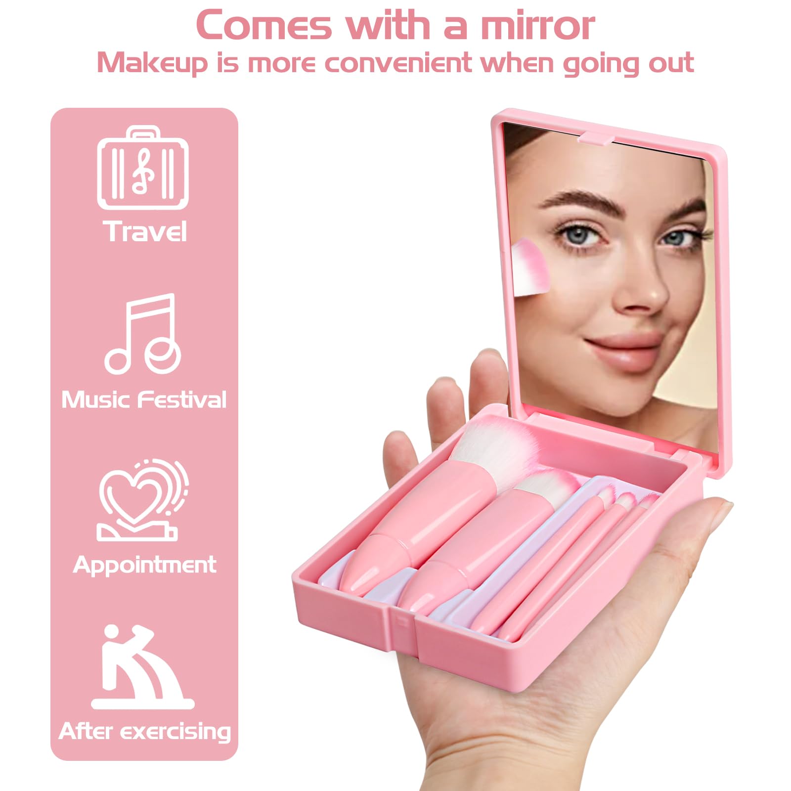 Travel Makeup Brush Set, Portable 5 PCS Mini Makeup Brushes with Mirror, Easy-taken Makeup Tool Set for Eyeshadow Contour - Image 2