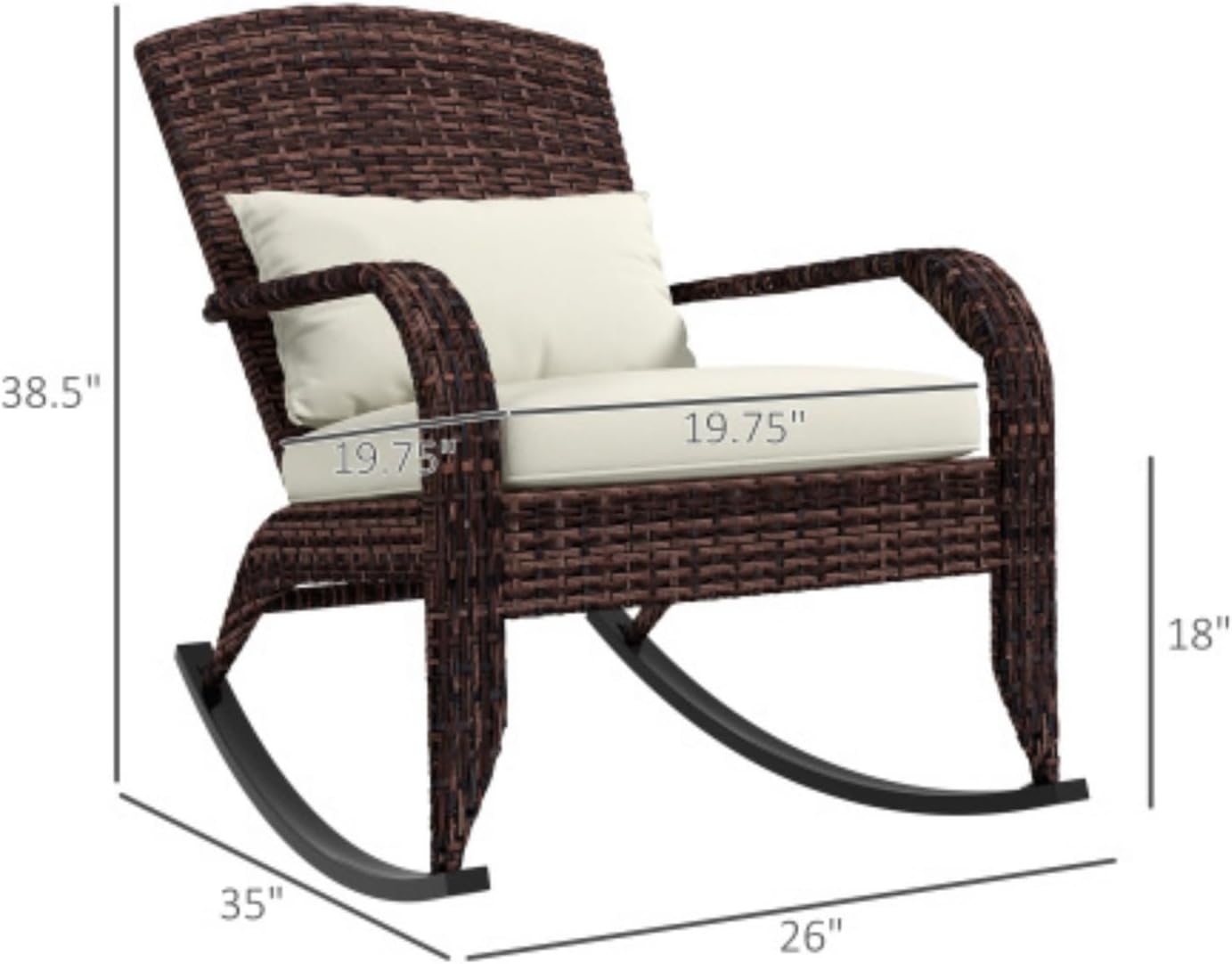 Outdoor Wicker Adirondack Rocking Chair, Patio Rattan Rocker Chair with High Back, Seat Cushion and Pillow for Garden, Porch, Balcony, Mixed Brown + Cream White
