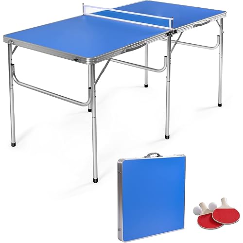 GYMAX Indoor Table Tennis Table Set, Folding Ping Pong Table with Net, 2 Paddles & 2 Balls, Multipurpose Free Standing Table Tennis Table Kit