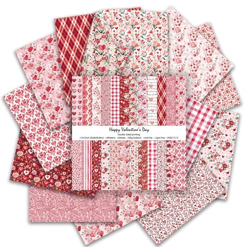 Red Valentine Scrapbook Paper Pad 24 Sheets Heart Pattern Aesthetics Double Sided Print Floral DIY Crafts Collage Decoration for Photo Album Journals Card Folded Gift Wrapping Supplies