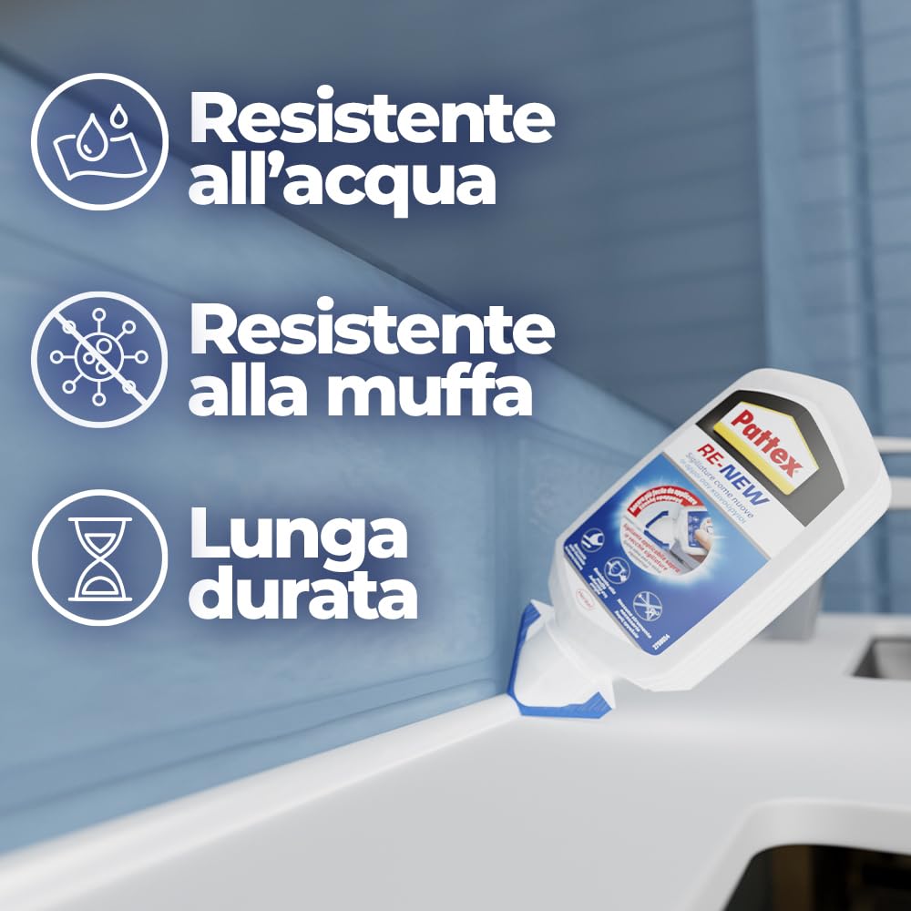 Pattex RE-NEW Bianco, Sigillante bagno e cucina per rinnovo fughe, Silicone sigillante bianco per rinnovare le fughe ed eliminare la muffa, applicazione facile, 1x80ml