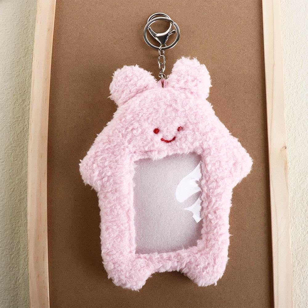 Pink Cute Plush Photocard Holder with Keychain, Cartoon Bear Rabbit Cat Photo Sleeve Cartoon Plush Sleeve Protective Case Photos Albums, Frames and Accessories，cute photocard holder