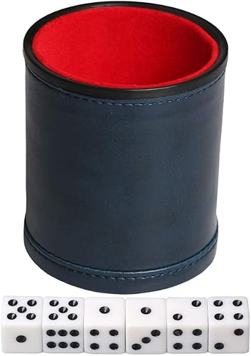 Miniatura 6 de Juego de Taza de Dados de Cuero Sintético Azul con 6 Dados Forro de Felpa Silencioso al Sacudir para Jugar Dados Mentirosos, Farkle, Yahtzee, Juegos