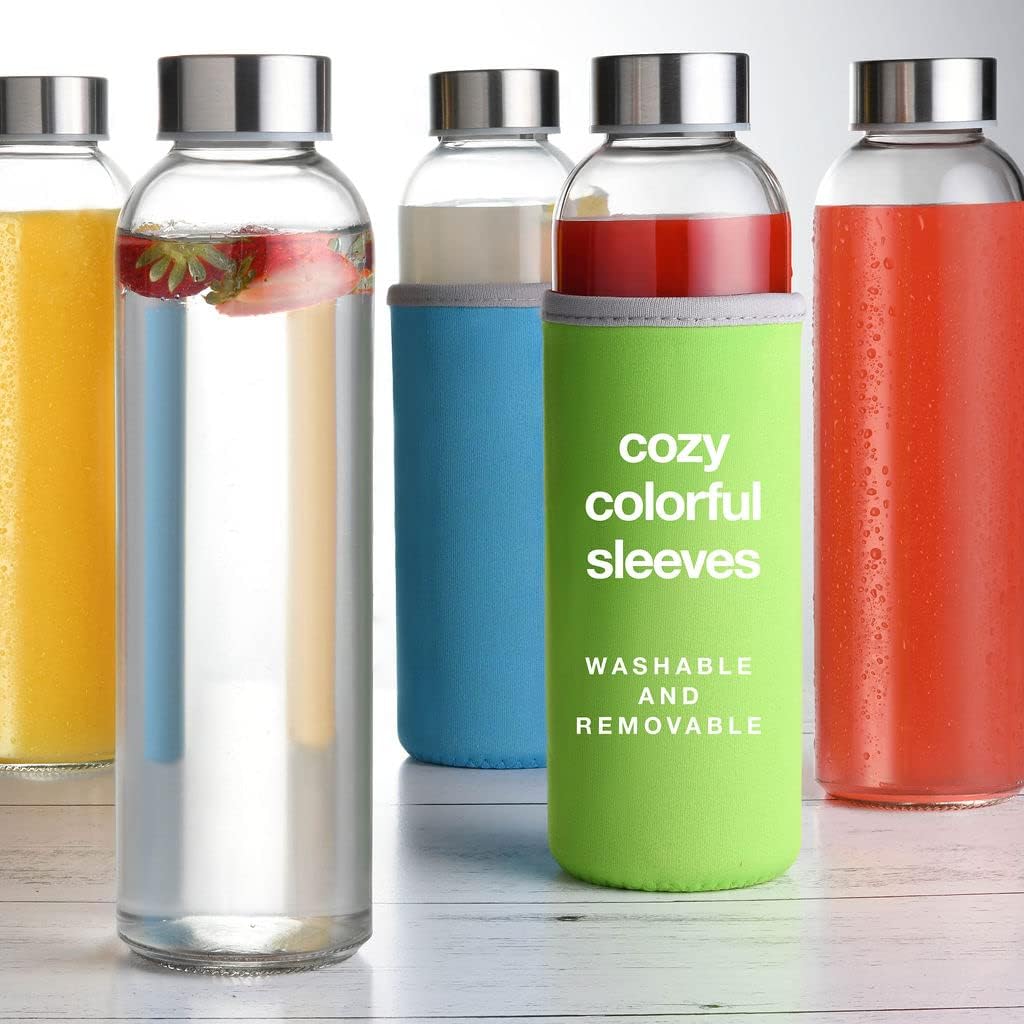 glass bottles 6 Pack 18oz - Includes 6 Sleeves (COLORS MAY VARY) - glass drinking bottles for Beverage and Juice - water bottle glass with stainless Steel Caps with - Leak-Proof Lid