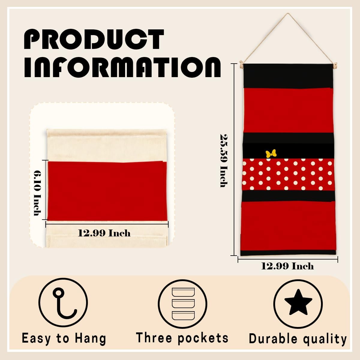 3-Pocket Hanging Wall Organizer, Useful Red Polka Dot Wall Pocket Storage