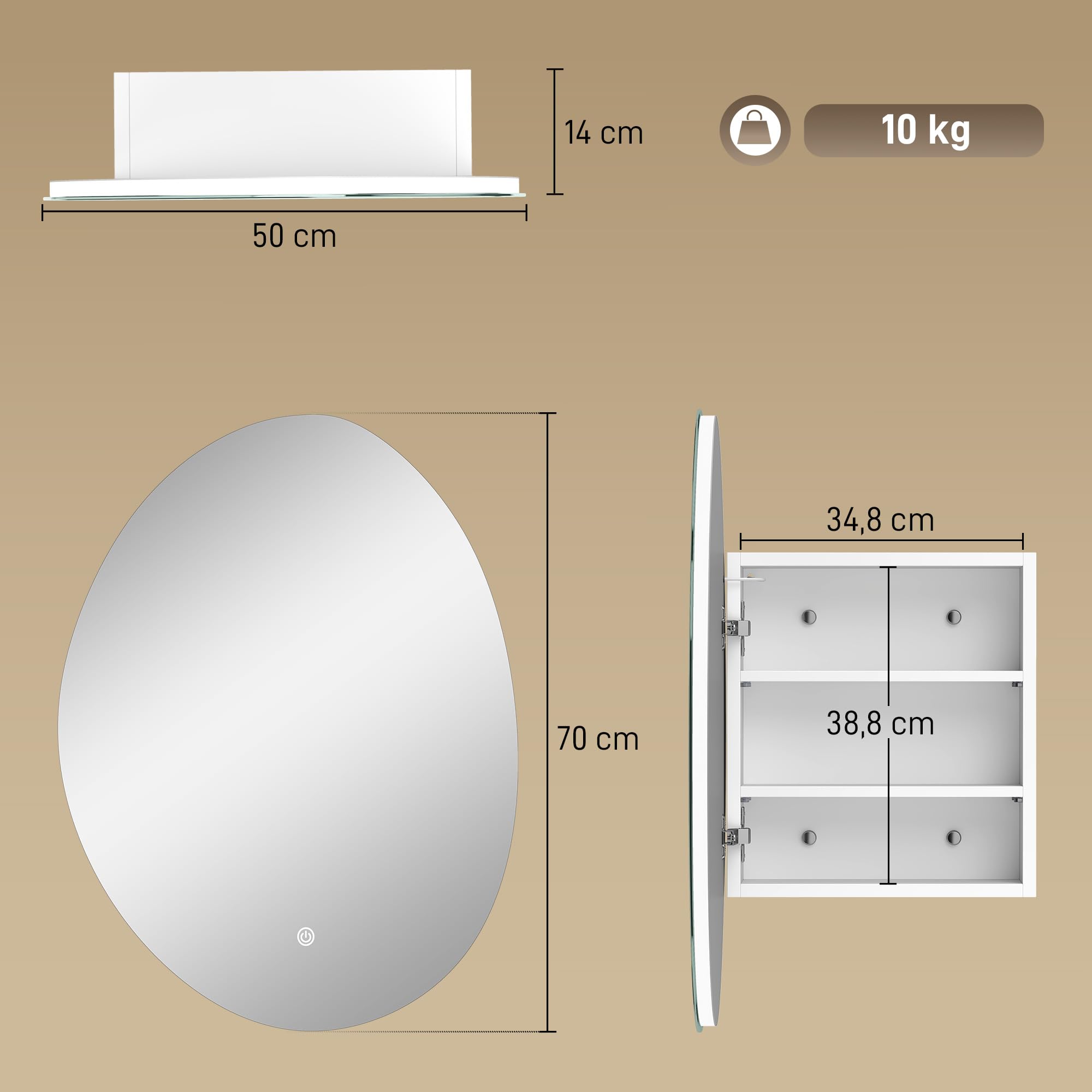 HOMCOM Armoire murale salle de bain avec miroir et éclairage LED, 50x14x70cm, meuble salle de bain à anti-buée, 3 températures de lumière, étagères réglables, minuterie, porte à fermeture douce, blanc