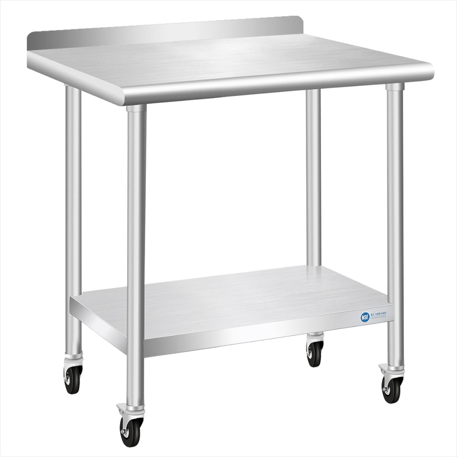 KUARBARR Stainless Steel Table with Wheels 24 x 30 Inch w/Backsplash, Commercial Stainless Steel Prep Table, NSF SS Kitchen Prep Table Metal Table for