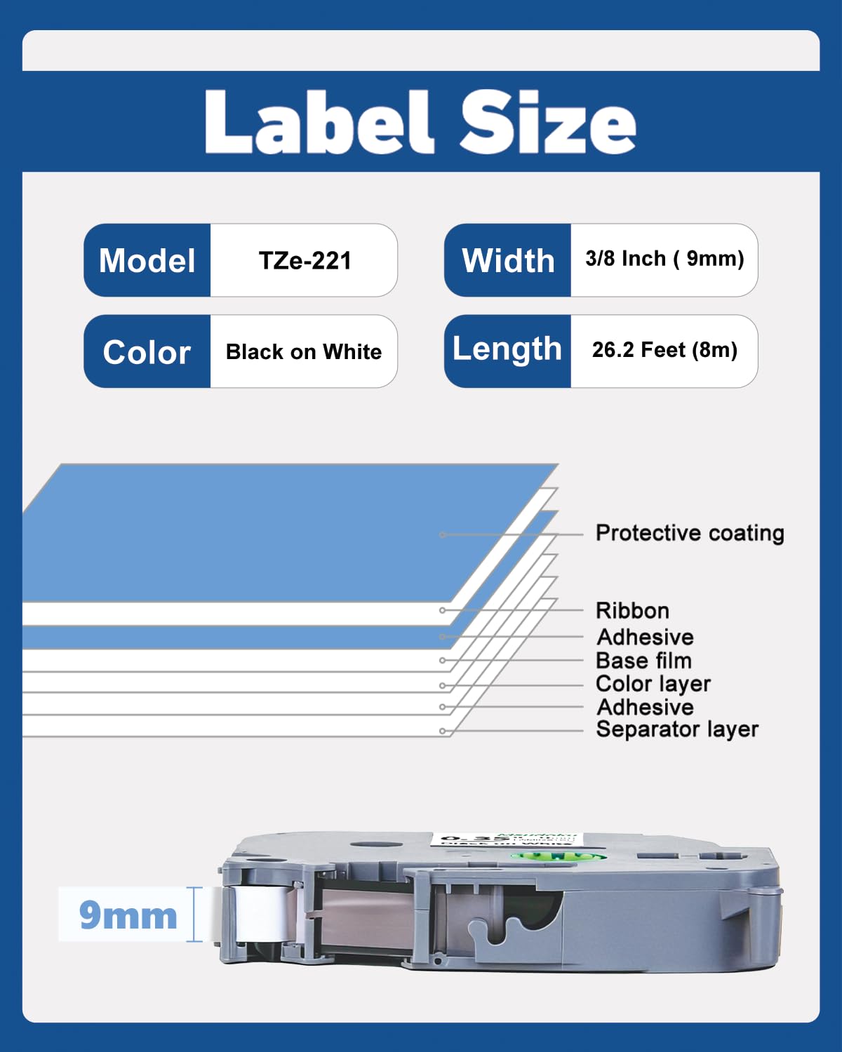 Lot de 20 rubans d'étiquettes TZe221 compatibles avec Brother TZe TZ 9 mm 0,35 - Ruban blanc laminé TZe-221 TZ221 pour étiqueteuse Ptouch PTD210 PTD200 PTH220 PTD400 PTD600 PTH110 PT1290 0,9