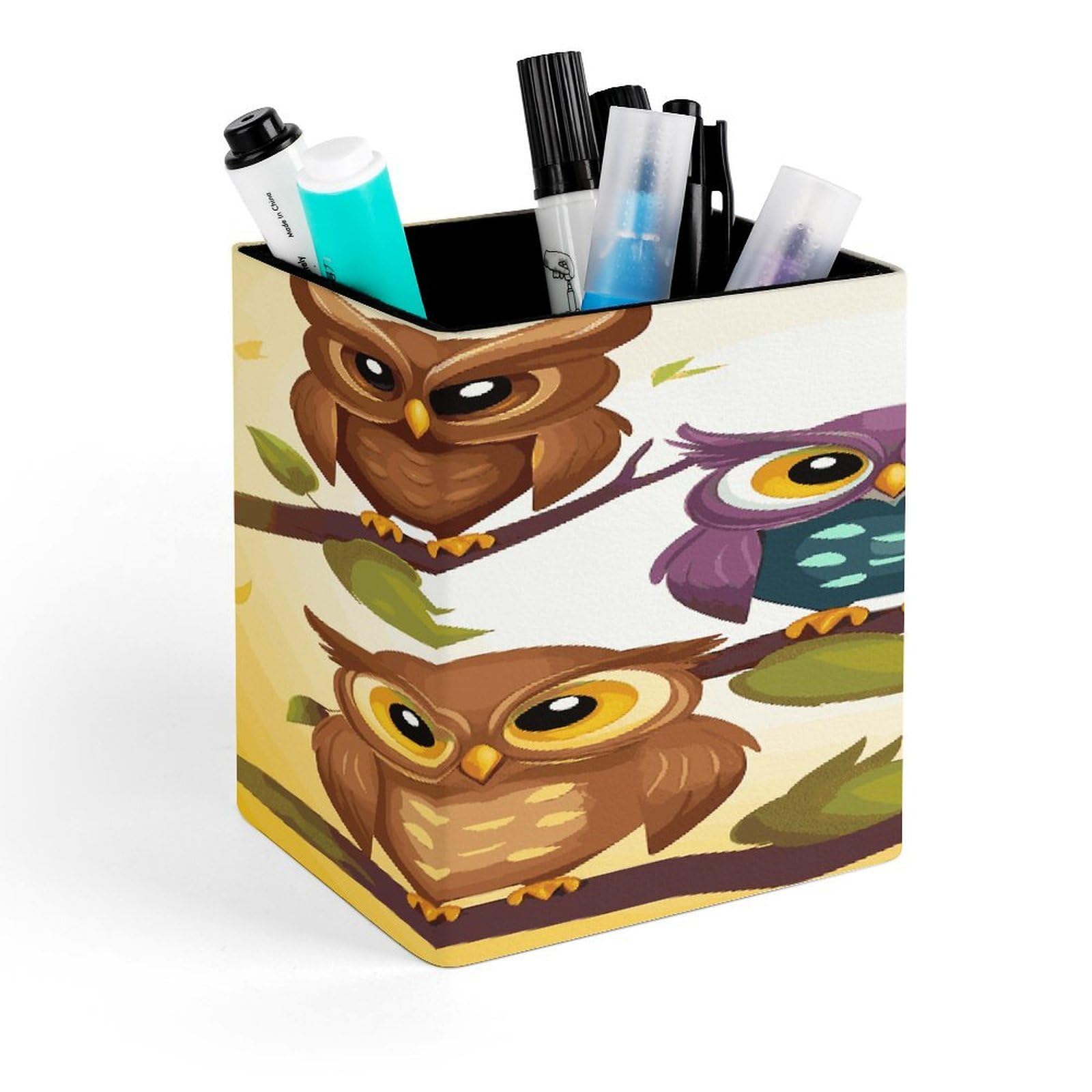 FekiLoot Owls Birds Pen Holder for Desk Minimalist Leather Pencil Holder Fashion Modern Pencil Cup Decorative Square Pen Cup Locker Organizer for Office Work Locker Accessories