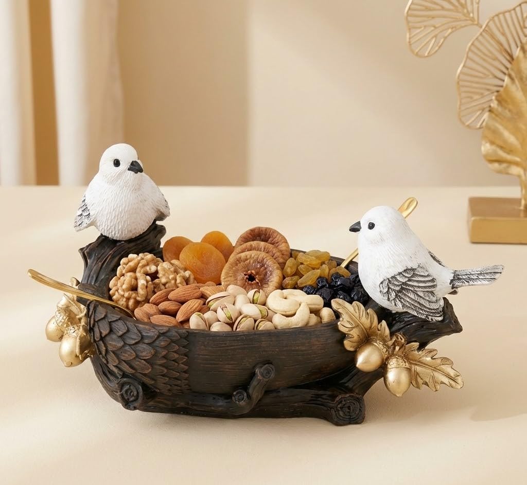 White Doves Birds Bowl || Rustic Wood Design Gold Acorns Doves Birds Bowl - 6 Inch-image-18