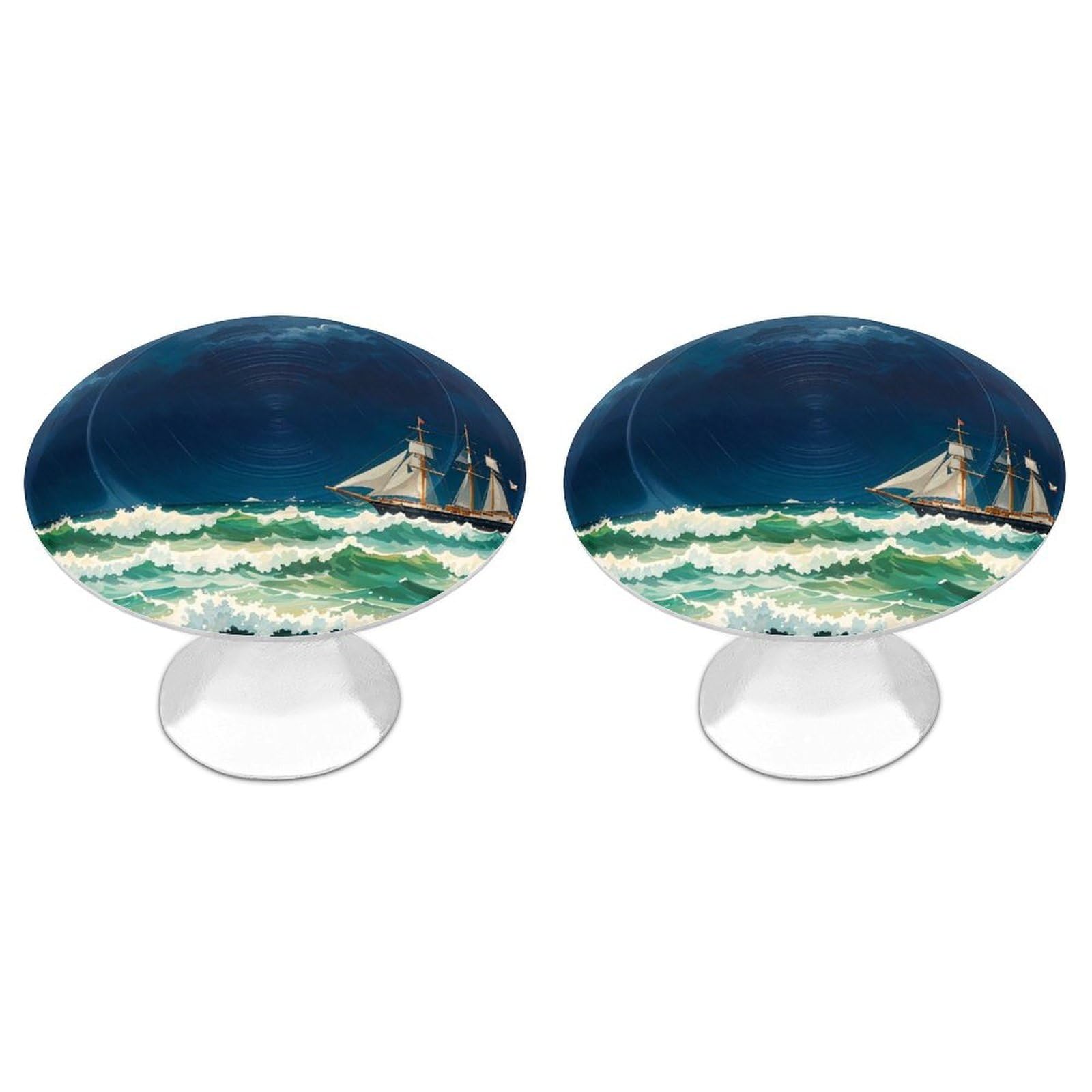 QMNLKH Stormy Waves Vintage Sailboat Cabinet Knobs for Home, Round Drawer Pulls for Kitchen, Personalized Cupboard Handles with Screw, Fashion Dresser Knobs for Office, Drawer Handles, 2 Packs