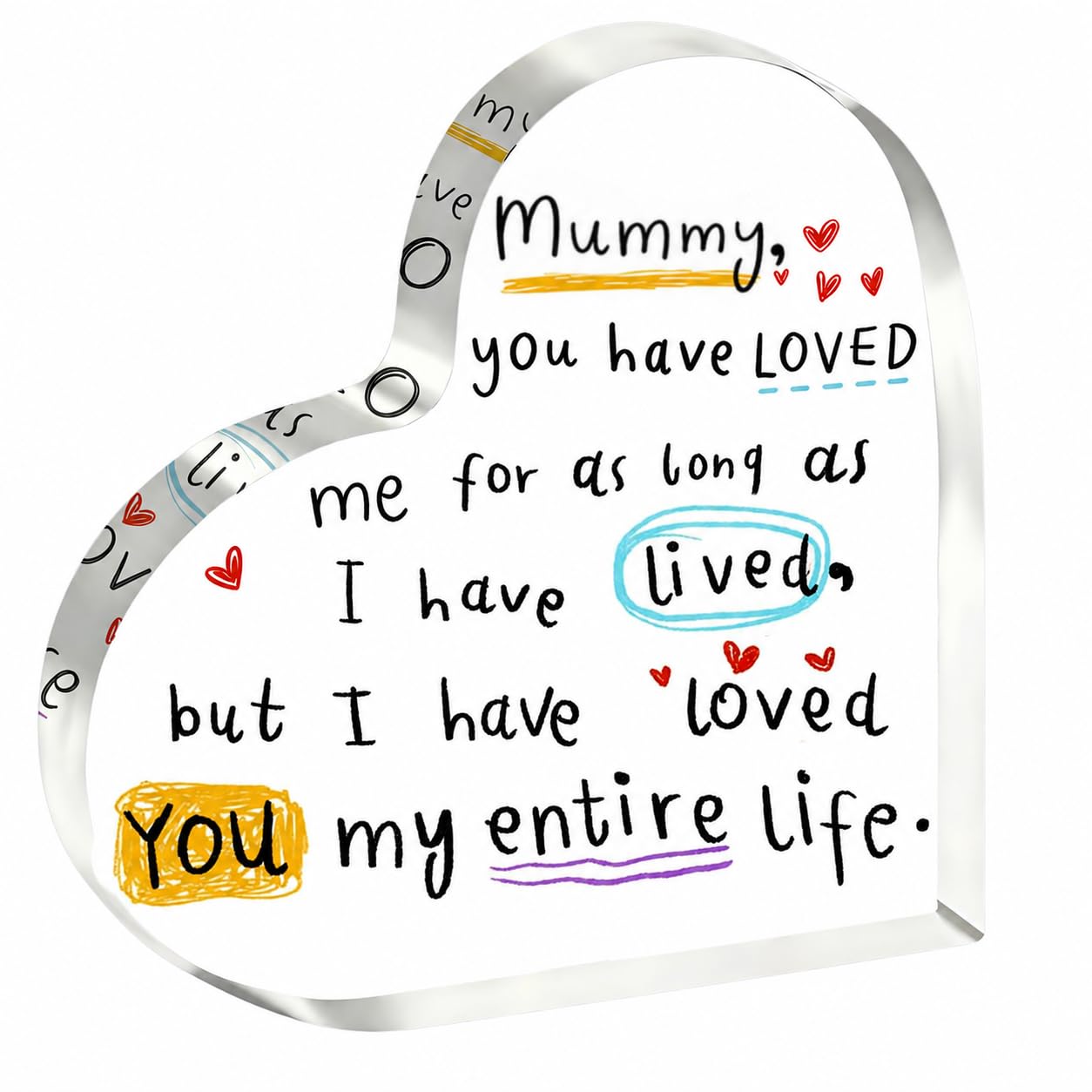 Mummy Acrylic Heart Plaque, Emotional Gift for Mum from Daughter Son, Clear Heart Sign with “You Have Loved Me for as Long as I Have Lived”