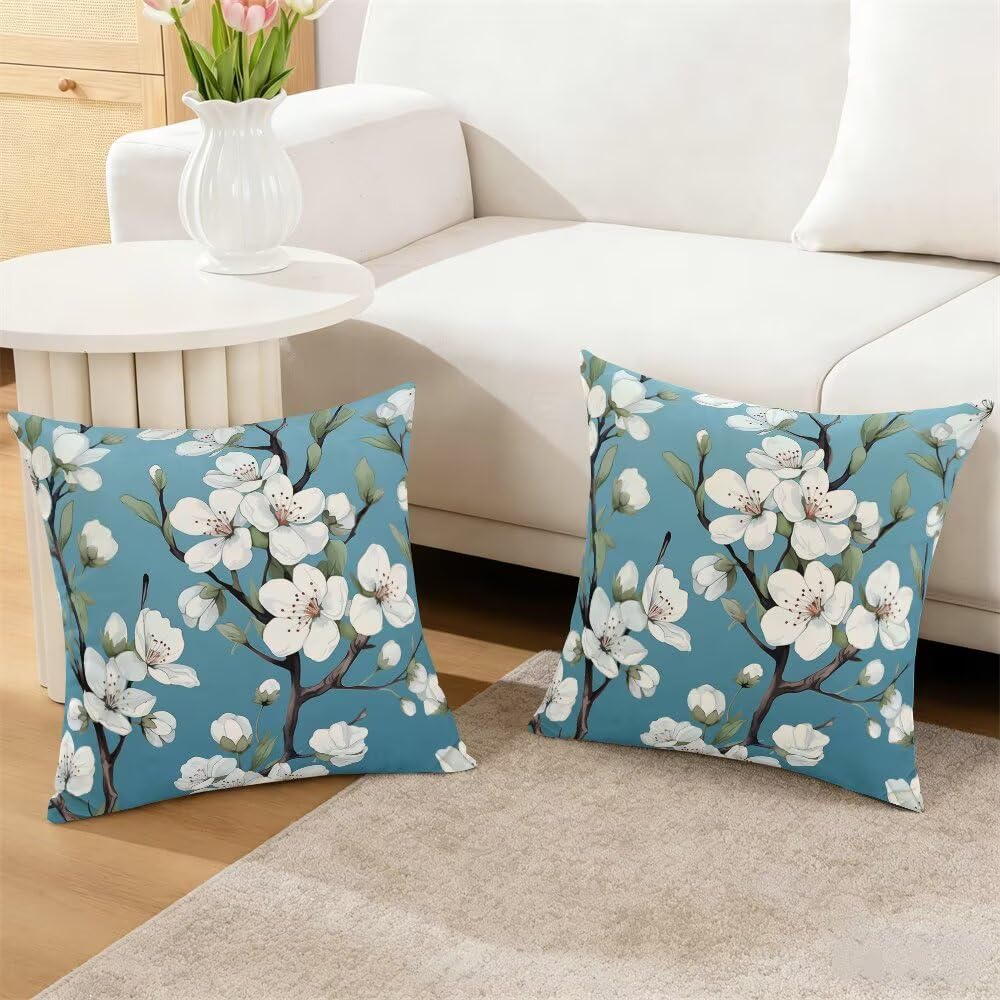 Federe Cuscini Divano 60x60 cm Federe Morbido Copricuscini Blu in Velluto, 2 Pezzi Copri Cuscini per Divano Primavera Decorativi Federa Cuscino Fiori Bianchi per Camera da Letto Soggiorno (IU49)