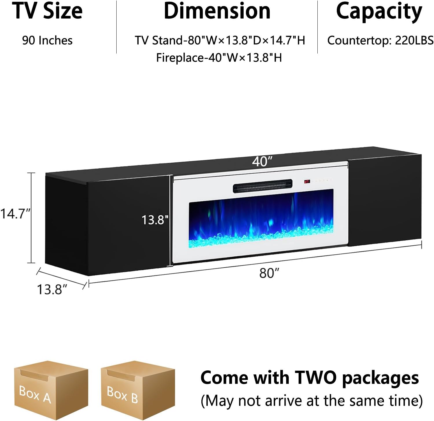 Diagram showing two cardboard boxes labeled Box A and Box B, indicating the product ships in two packages.