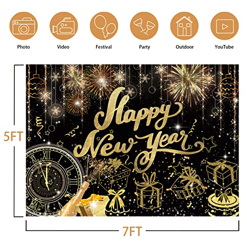 Image of Happy New Year Backdrop,7x5FT 2026 Black Happy New Year Backdrop Party Decor New Year Banner New Year Eve Party Backdrop Supplies