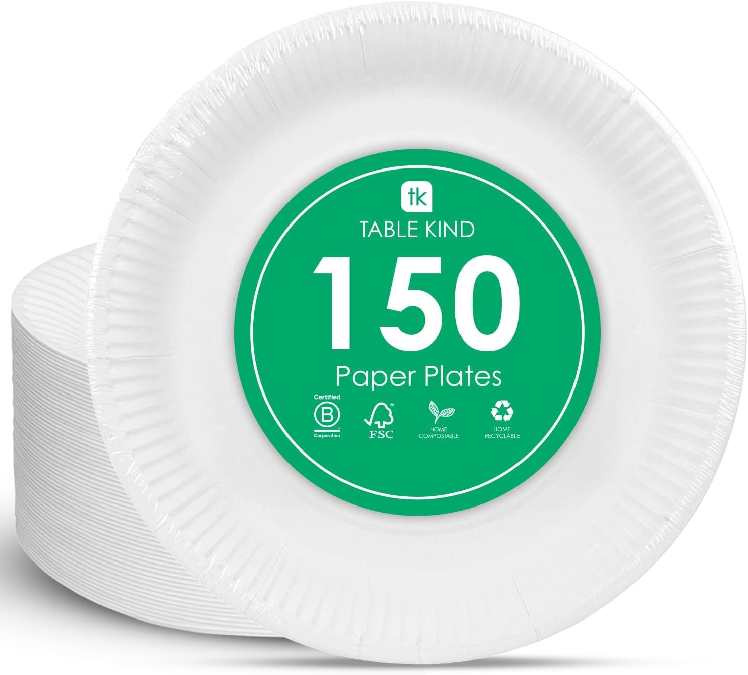 Table Kind 150 Bulk Pack Eco-Friendly White Paper Plates for Catering & Everyday Use, Recyclable Round Disposable Dishes Birthday Party Supplies, Home Compostable Made in EU 22CM