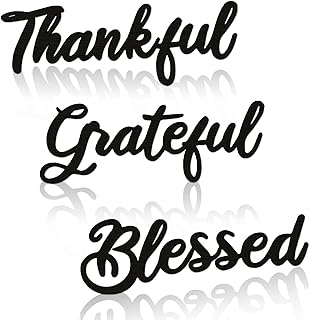 3 Pcs Unfinished Wood Thanksgiving Cutout Thankful Grateful Blessed Word Sculptures Sign Wooden Letter Decorations for Wreath DIY Crafts Door Hanger Wall Art Decor (Black-Thankful)