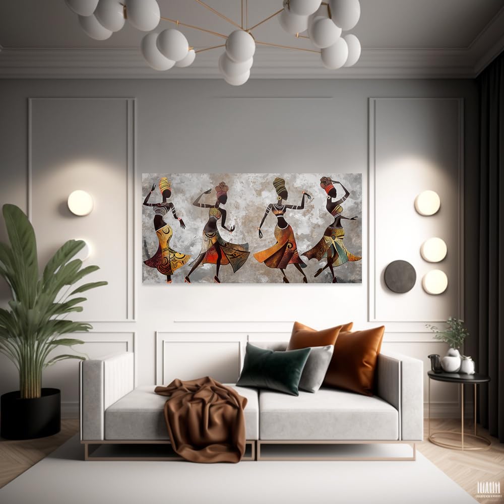 awitufhgp Abstrakcyjny obraz inspirowany Afryką - Nowoczesna grafika na płótnie, żywe tańczące figury, ziemiste odcienie, do salonu i sypialni (45 x 90 cm/z ramą)