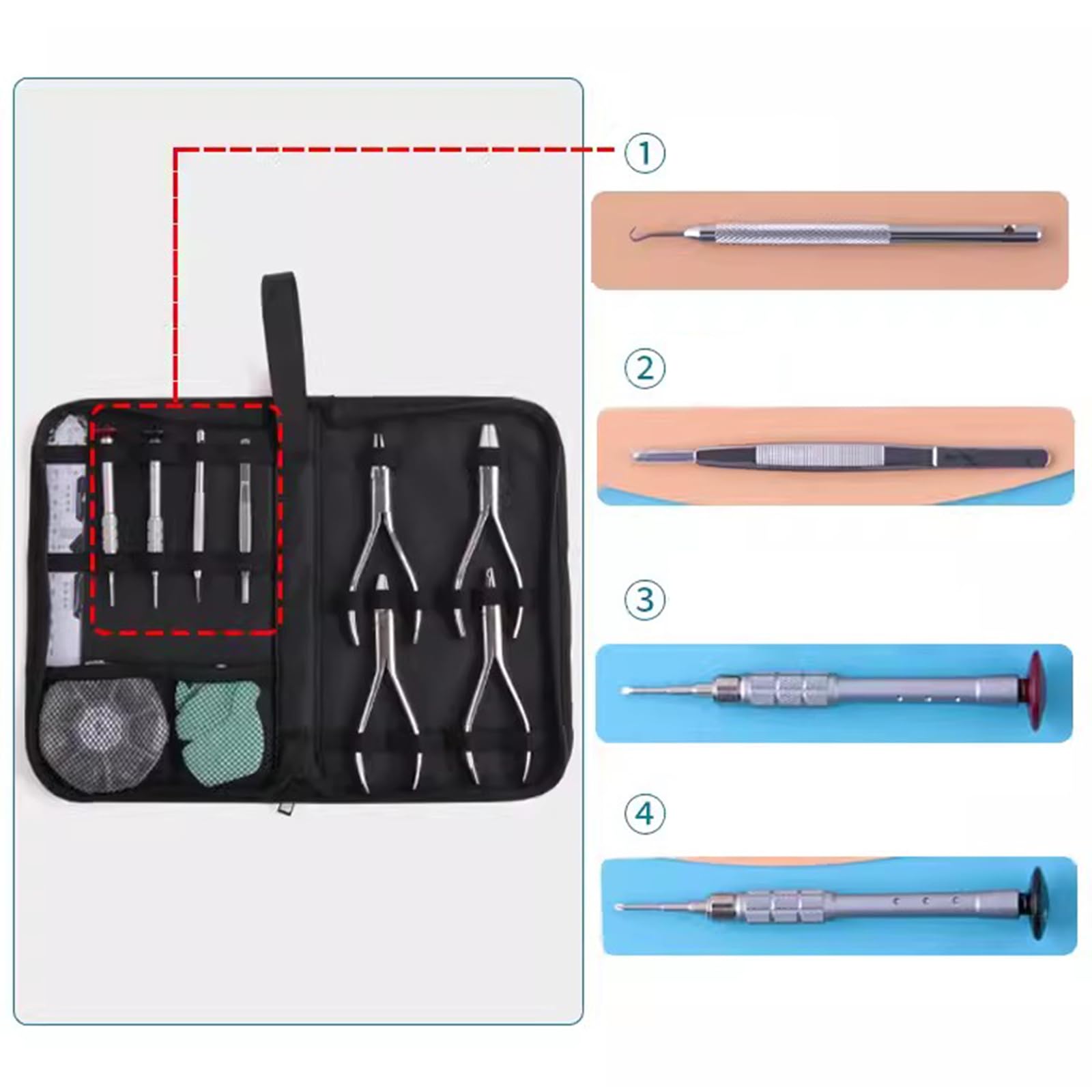Kit de reparación de gafas con 8 herramientas de marco de gafas sin montura, 4 alicates para gafas, 4 bolsas de almacenamiento para destornilladores, ideal para reparación de relojes y teléfonos