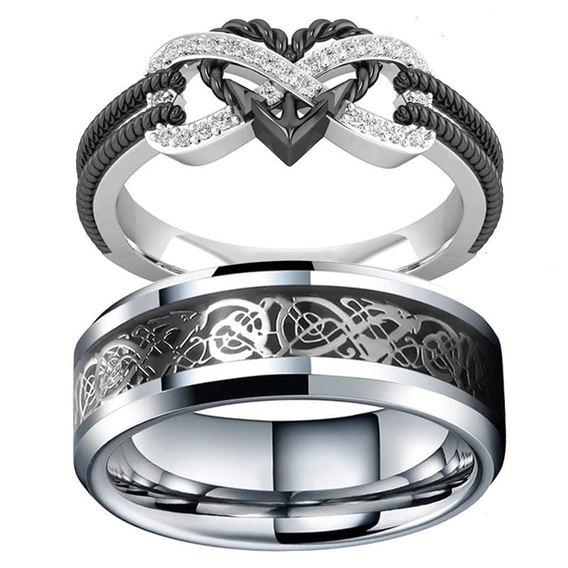 Infinite Love Heart Shaped Ring Set for Him and Her, Silver Celtic Dragon Ring, Matching Couple Rings for Wedding Rings, Anniversary, Engagement, Promise Bridal Sets-image-43