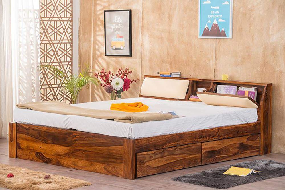 BL WOOD Queen Size Solid Wood Bed With Pull Out Storage (Sheesham Wood - Brown)