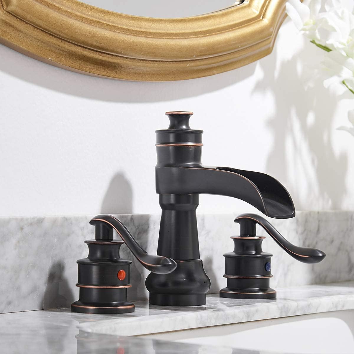 Homevacious Oil Rubbed Bronze Widespread Bathroom Faucet and Pop Up Drain with Overflow Bundle Shower System Rainfall Shower Head 10 Inch with Handheld Spray Mixer Wall Mounted Bathroom
