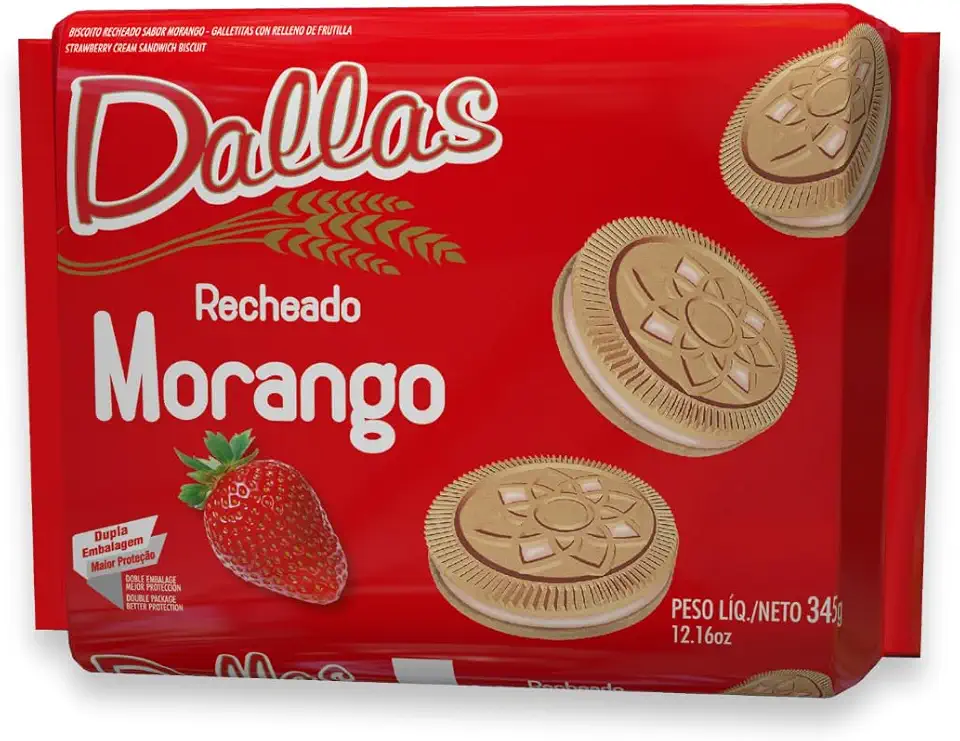 Biscoito Recheado Morango Dallas 345G, Biscoito Doce Recheado Sabor Morango, Vermelho, Casquinha Crocante E Recheio Cremoso, Seleção De Sabores De Qualidade, Alimento Bem Feito Para Bem Servir