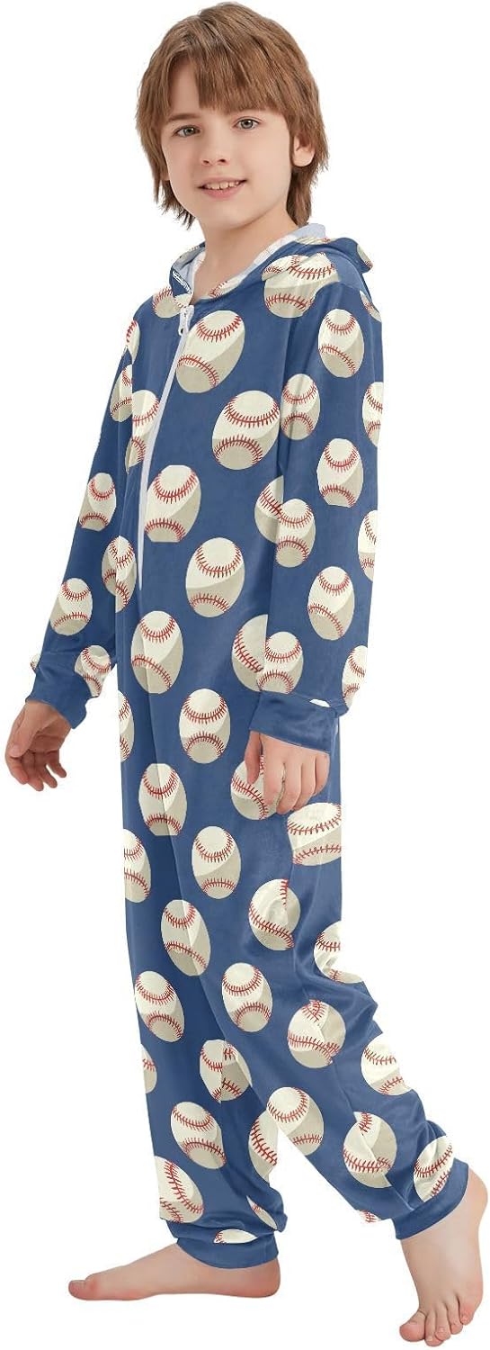 Baseball Onesie Soft Flannel Pajamas Sleepwear Zip Up Jumpsuits Hooded Lounge Wear - Image 4