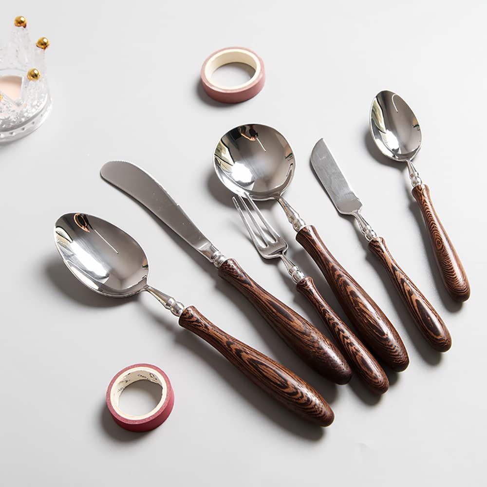 Juego de Cubiertos de 48 Piezas con Cubiertos Negros para 12 Personas Utensilios de Acero Inoxidable con Mangos de Madera y Soporte de Metal Acabado Pulido Espejo