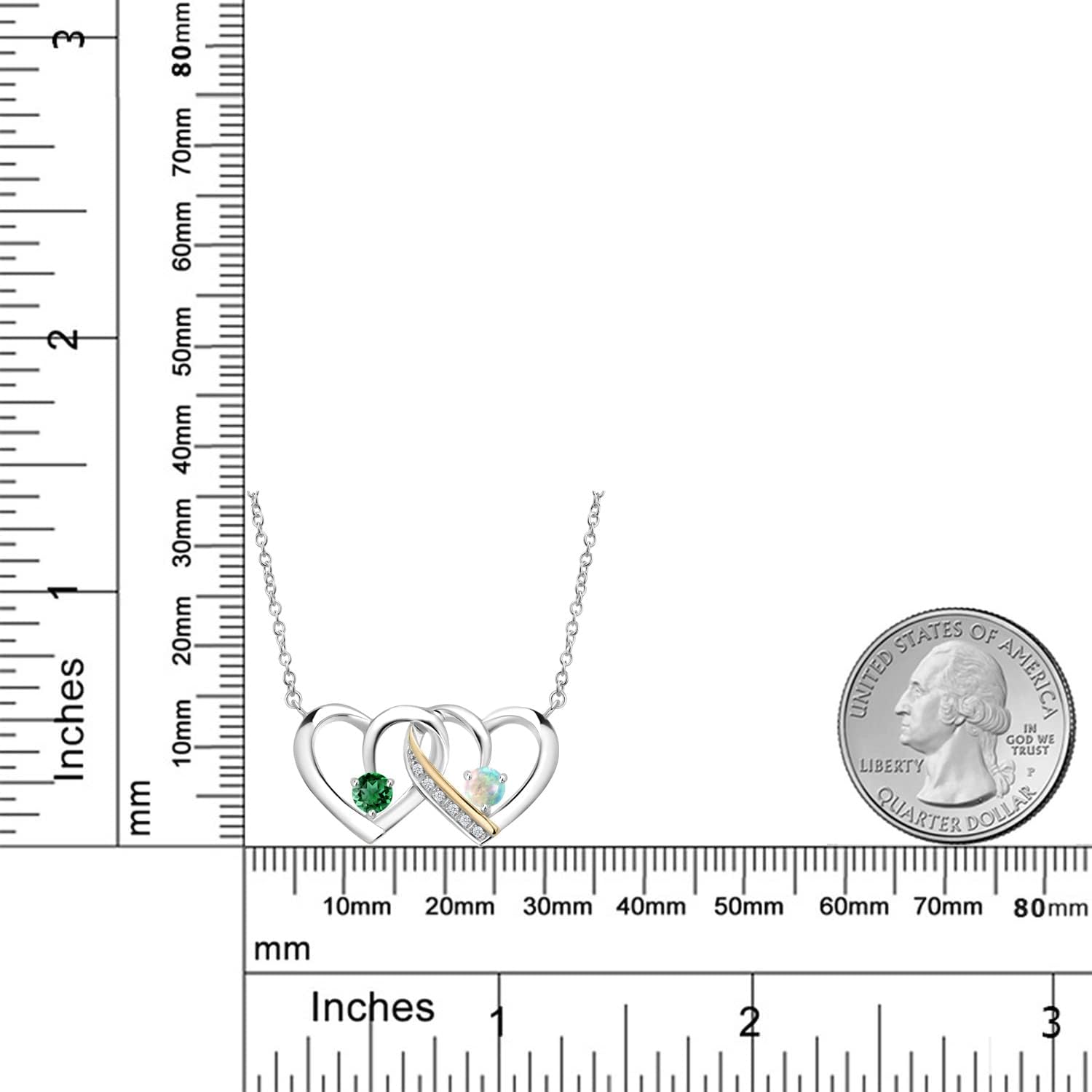 Gem Stone King 925 Silver and 10K Yellow Gold Green Nano Emerald White Simulated Opal and White Lab Grown Diamond Interlocking Heart Pendant Necklace For Women | 0.58 Cttw | With 18 Inch Chain