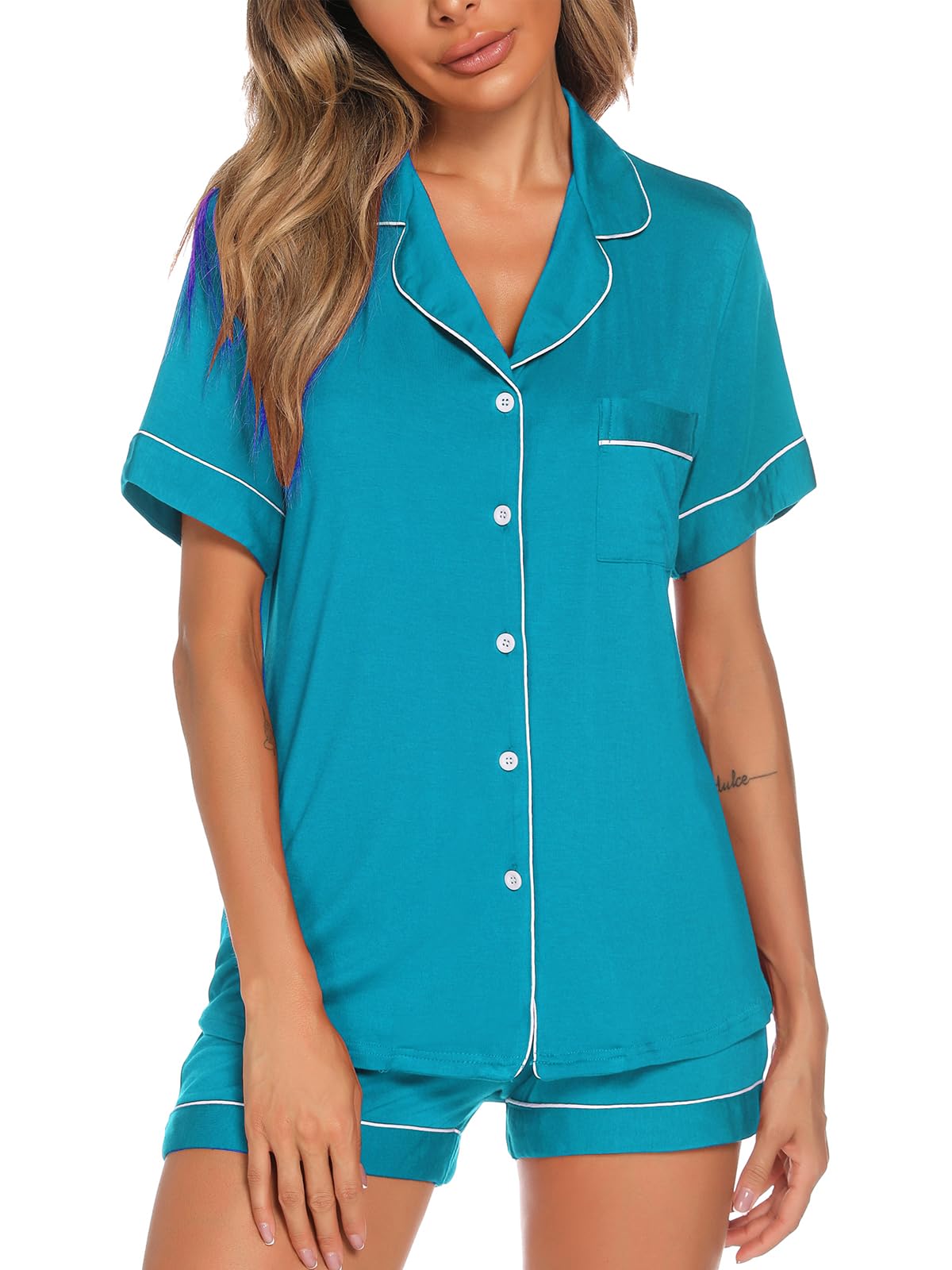 Aamikast Button Up Pajama Set for Women Shorts Short Sleeve Knit Sleepwear 2 Pice Pjs Sets