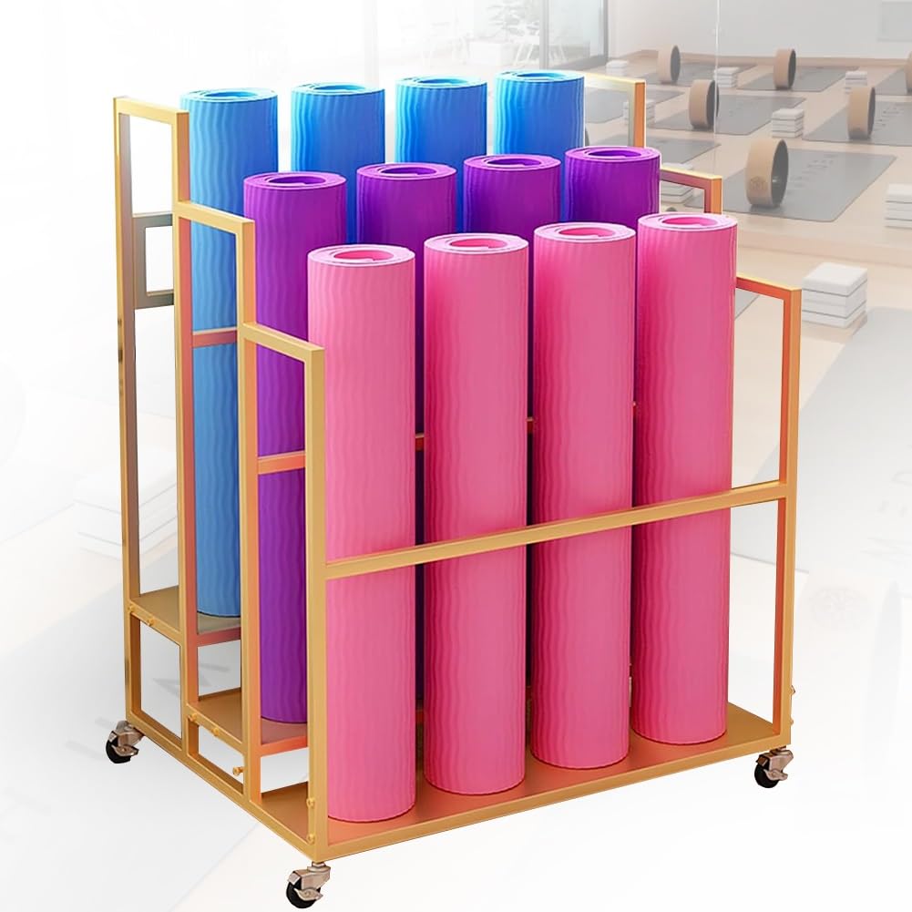 Soporte para Esterilla de Yoga, Estante Grande con Ruedas para esterillas de Yoga, Organizador de 3 Niveles para Gimnasio en casa, Rodillos de Espuma y Equipo Deportivo, Carrito de Yoga móvi