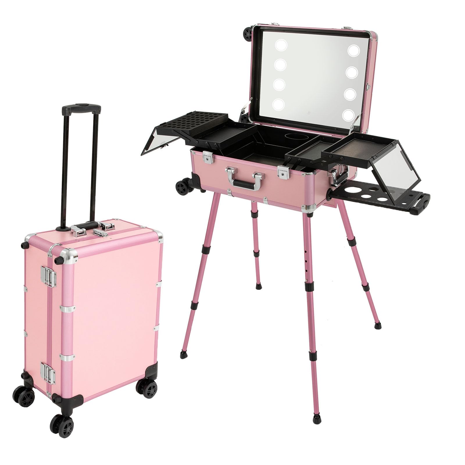 Rolling Makeup Train Case, aluminiowa walizka na kosmetyki z lusterkami, duża walizka na kółkach, organizer do paznokci, protable Salon Station