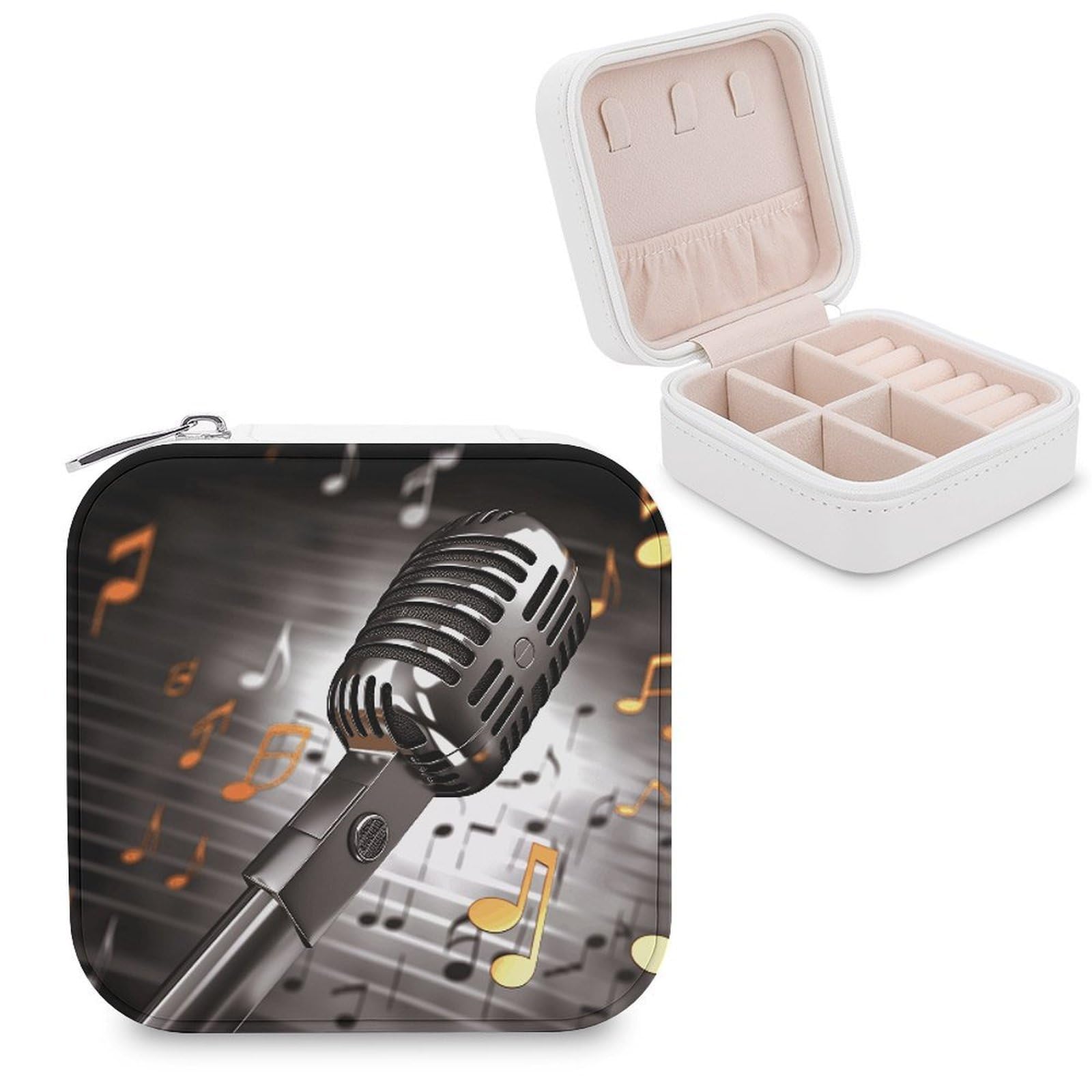 VstaDank Microphone with Music Notes Travel Jewelry Case Zipper Portable Small Jewelry Box Custom Pu Leather Mini Traveling Jewelry Organizer for Rings Earrings Necklace Bracelet Girls Women